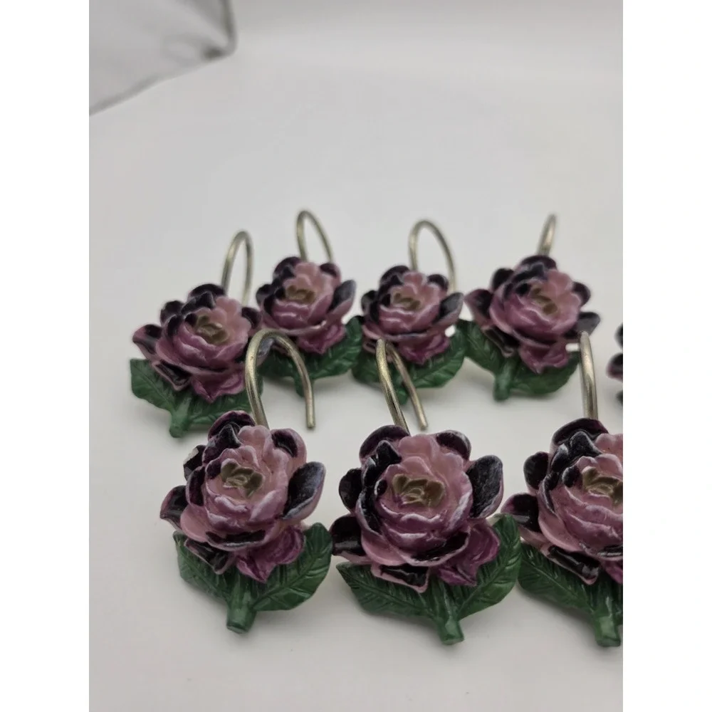 VINTAGE 12 Bordeaux Purple/Lavender Rose Shower Curtain Hooks Rings CottageCore